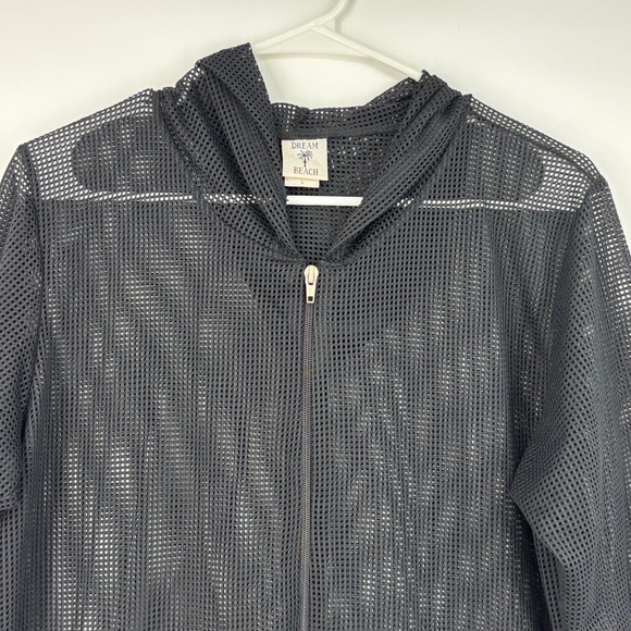 Dream Beach Womens Large Zip Front Swim Suit Beach Cover Up Black Mesh Hooded LS - Picture 2 of 8